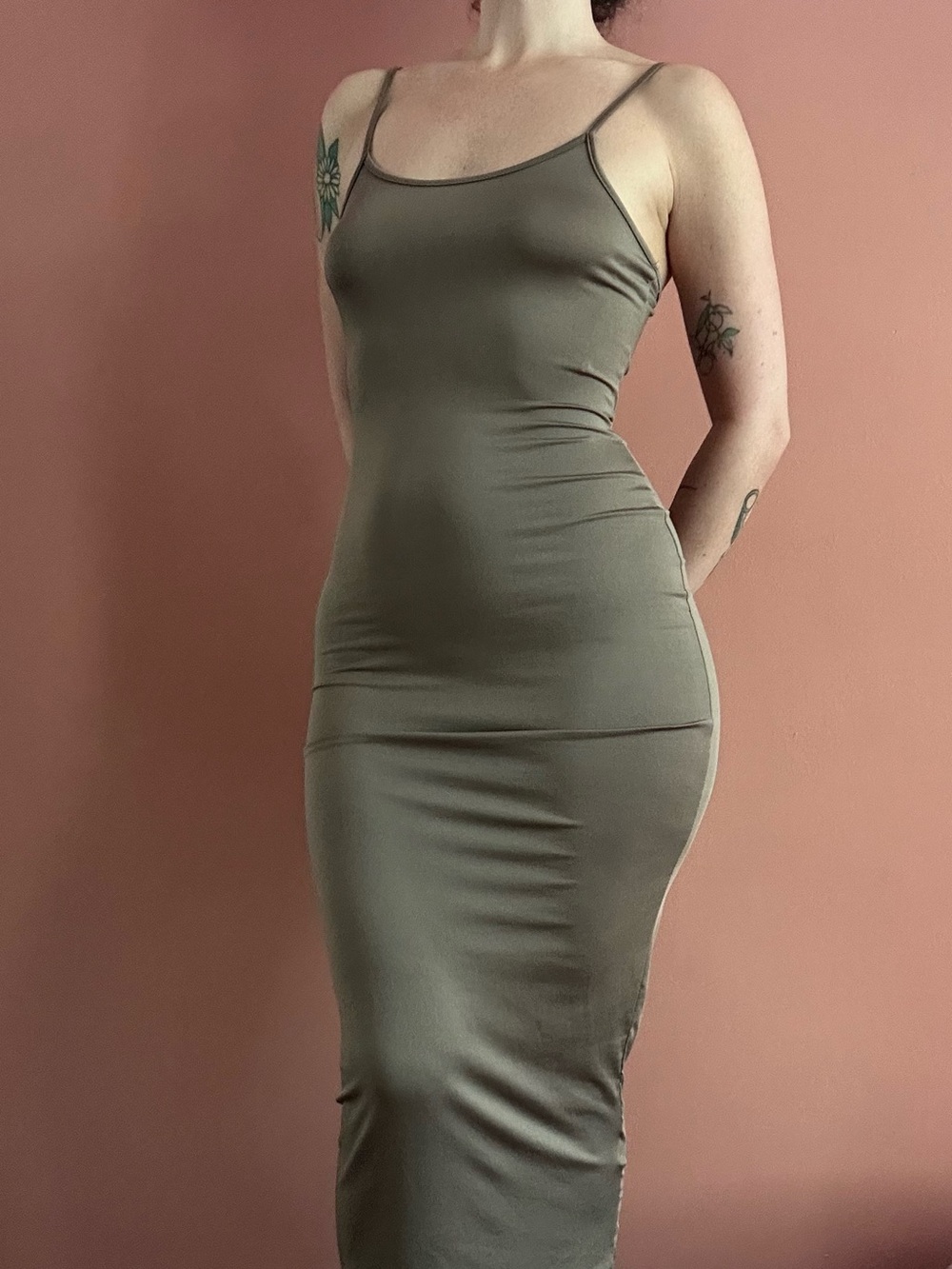 Fashion Nova taupe midi bodycon dress with adjustable straps